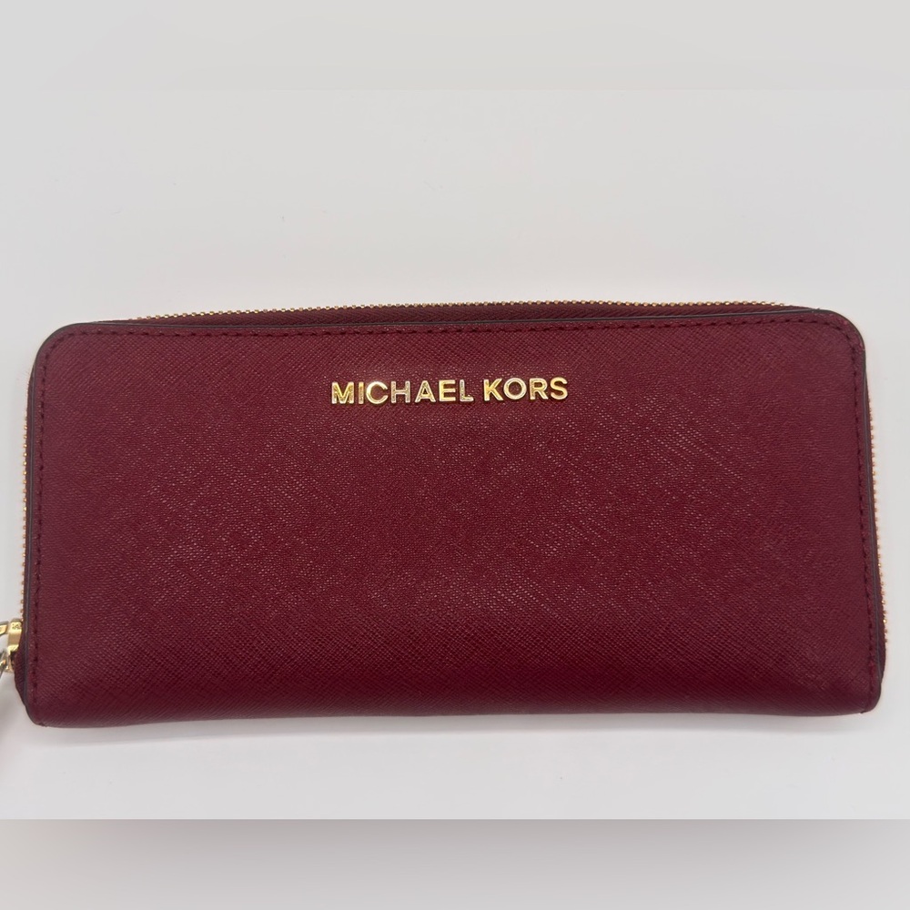 Michael Kors Burgundy Saffiano Leather Zip Wallet
